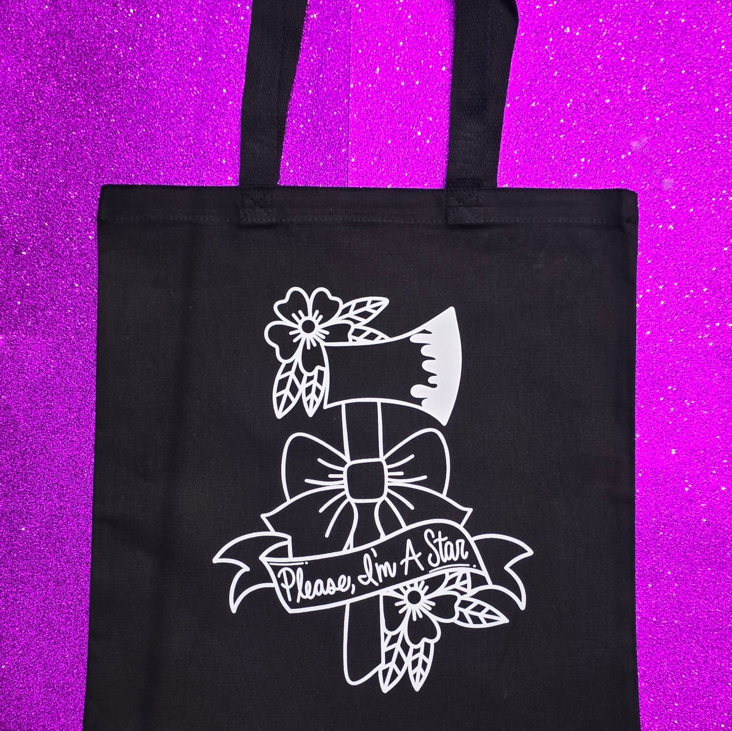 Please I'm A Star Tote Bag Black Cotton Reusable Shopping Bag 15"x16"