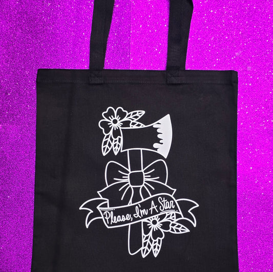 Please I'm A Star Tote Bag Black Cotton Reusable Shopping Bag 15"x16"