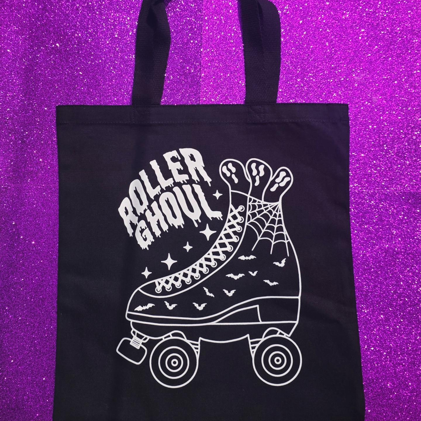Roller Ghoul Tote Bag Black Cotton Reusable Shopping Bag 15"x16"