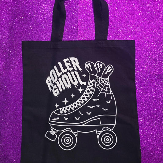Roller Ghoul Tote Bag Black Cotton Reusable Shopping Bag 15"x16"