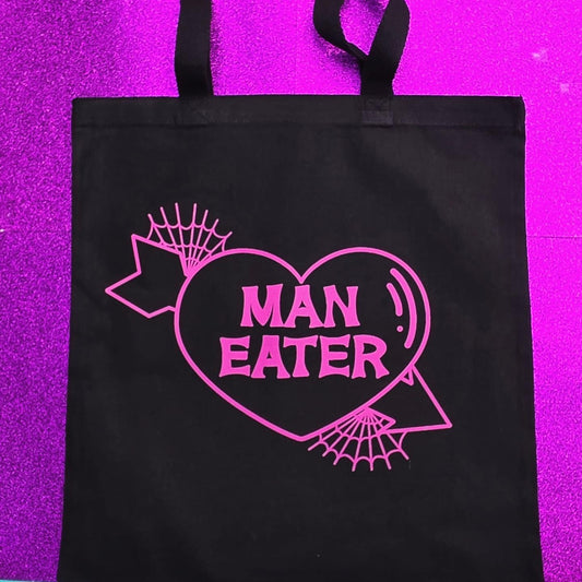 Man Eater Tote Bag Black Cotton Reusable Shopping Bag 15"x16"