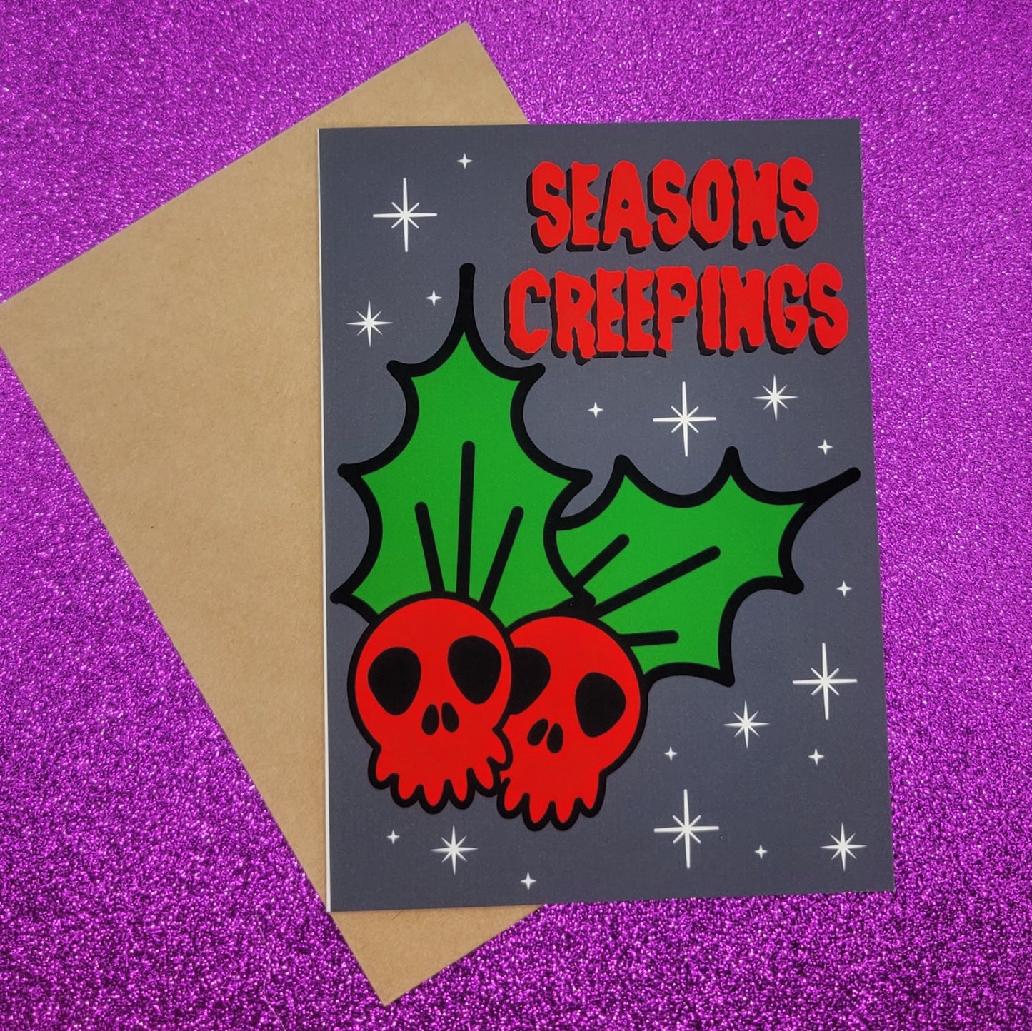 Seasons Creepings Skull Holly Spooky Christmas Greeting Card 5x7, Goth Christmas, Creepmas Card, Horror Holiday