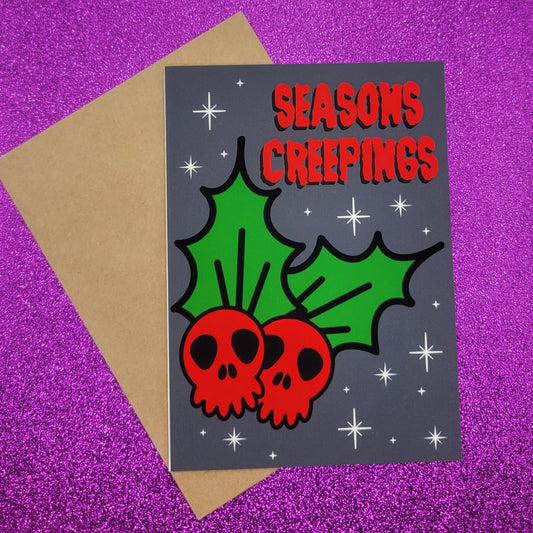 Seasons Creepings Skull Holly Spooky Christmas Greeting Card 5x7, Goth Christmas, Creepmas Card, Horror Holiday