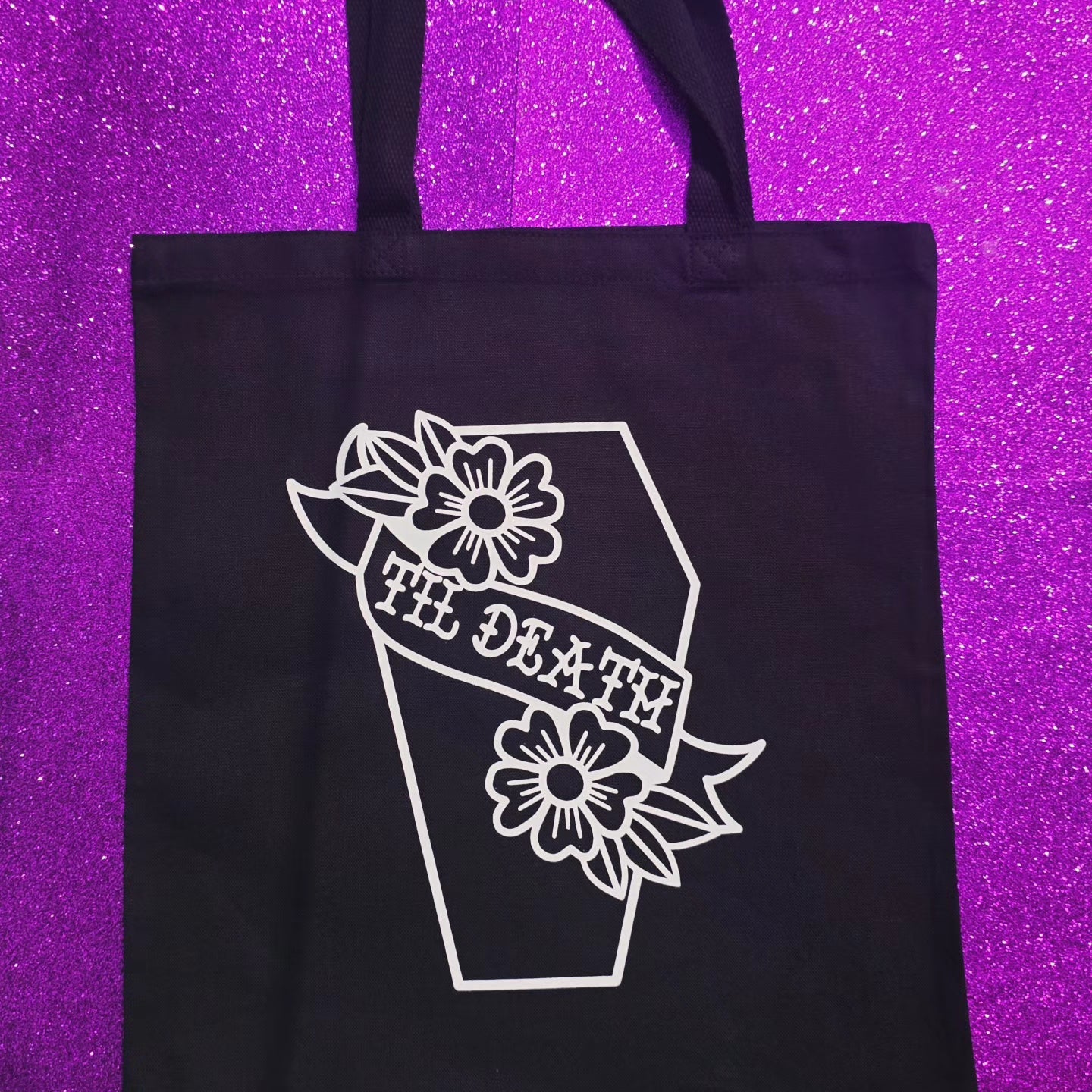 Til Death Coffin Tote Bag Black Cotton Reusable Shopping Bag 15"x16" Horror Goth Spooky