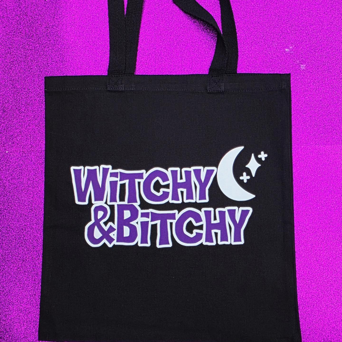 Witchy and Bitchy Tote Bag Black Cotton Reusable Shopping Bag 15"x16"