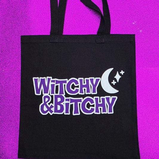Witchy and Bitchy Tote Bag Black Cotton Reusable Shopping Bag 15"x16"