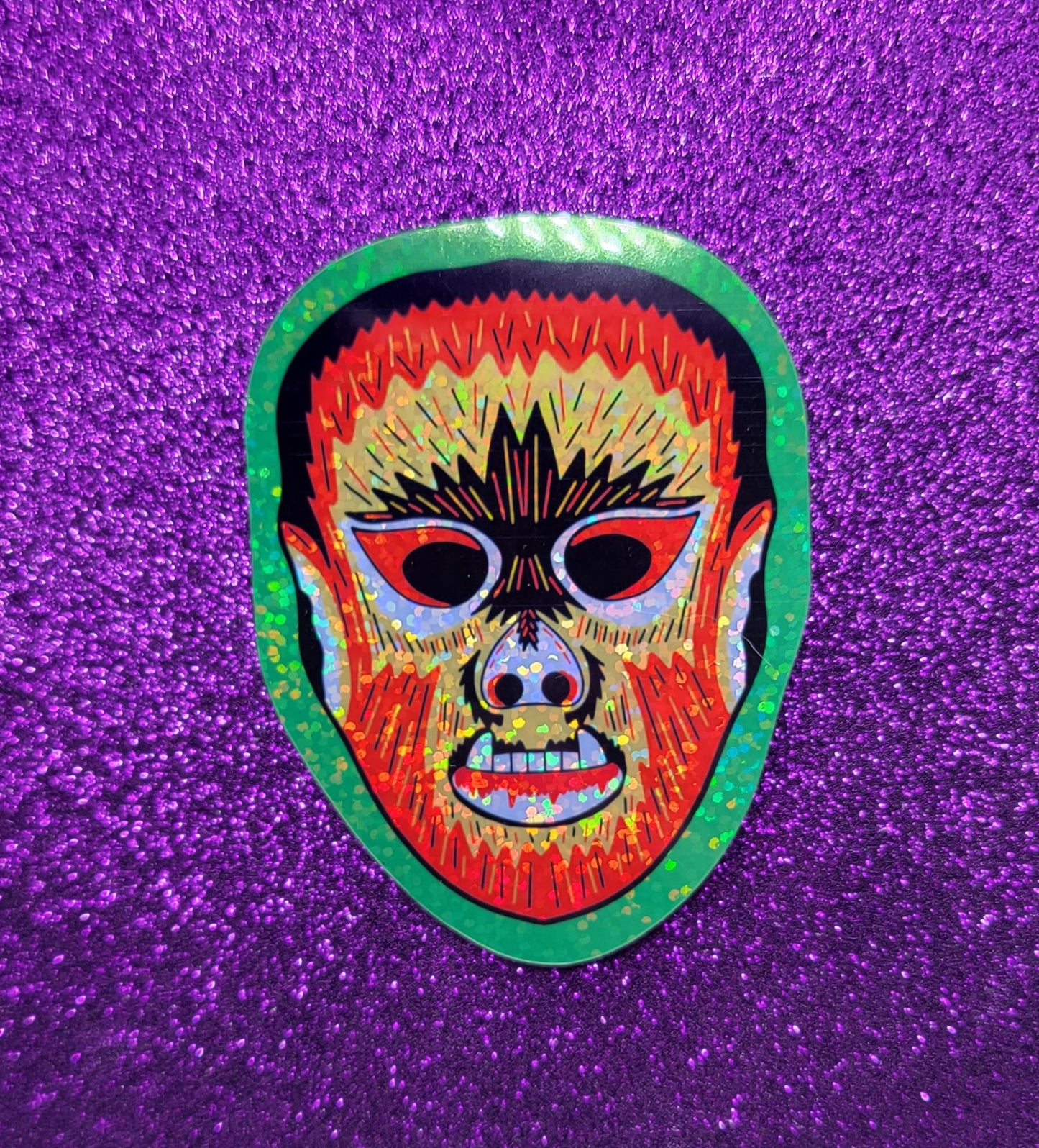 Wolfman Halloween Mask Holographic Sticker 2.5"x3"