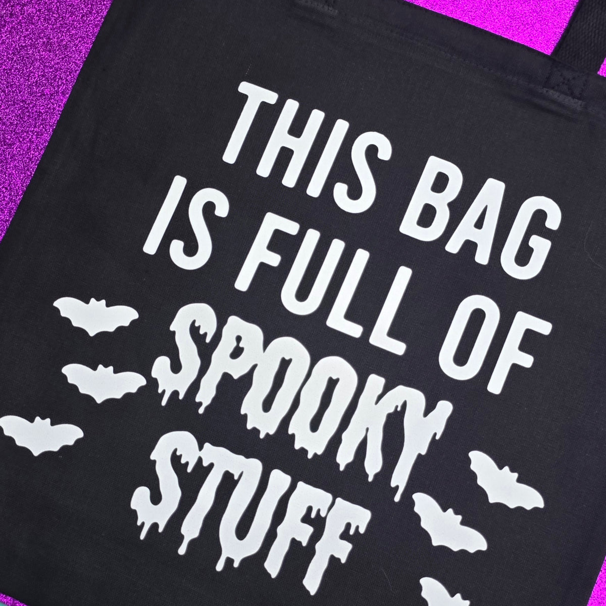 Spooky Stuff Tote Bag Black Cotton Reusable Shopping Bag 15"x16" Horror Goth