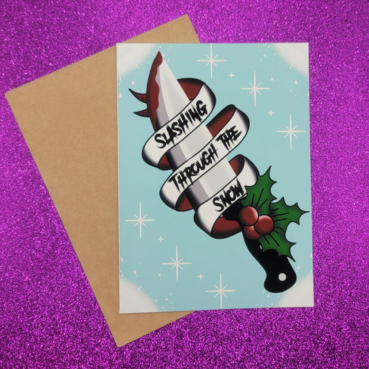 Slashing Through The Snow Spooky Christmas Greeting Card 5x7, Goth Christmas, Creepmas Card, Horror Holiday