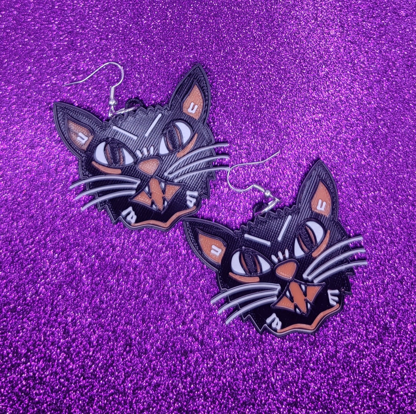 Black Cat Halloween Statement Earrings 3D Printed