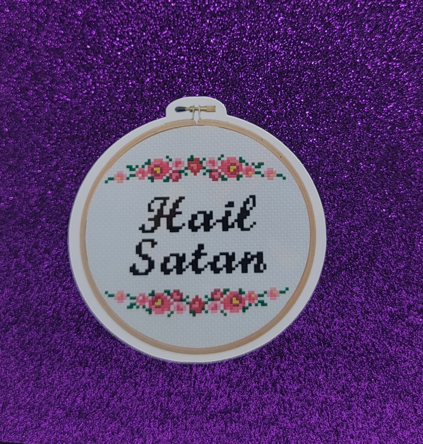 Hail Satan Cross Stitch Hoop Sticker 3"x3"