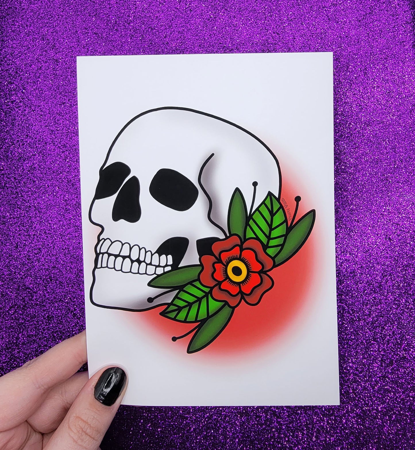 Skull Flower Tattoo Art Print 5"x7"