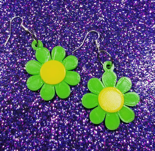 Green and Yellow Groovy Flower Mod Retro Statement Earrings 3D Printed