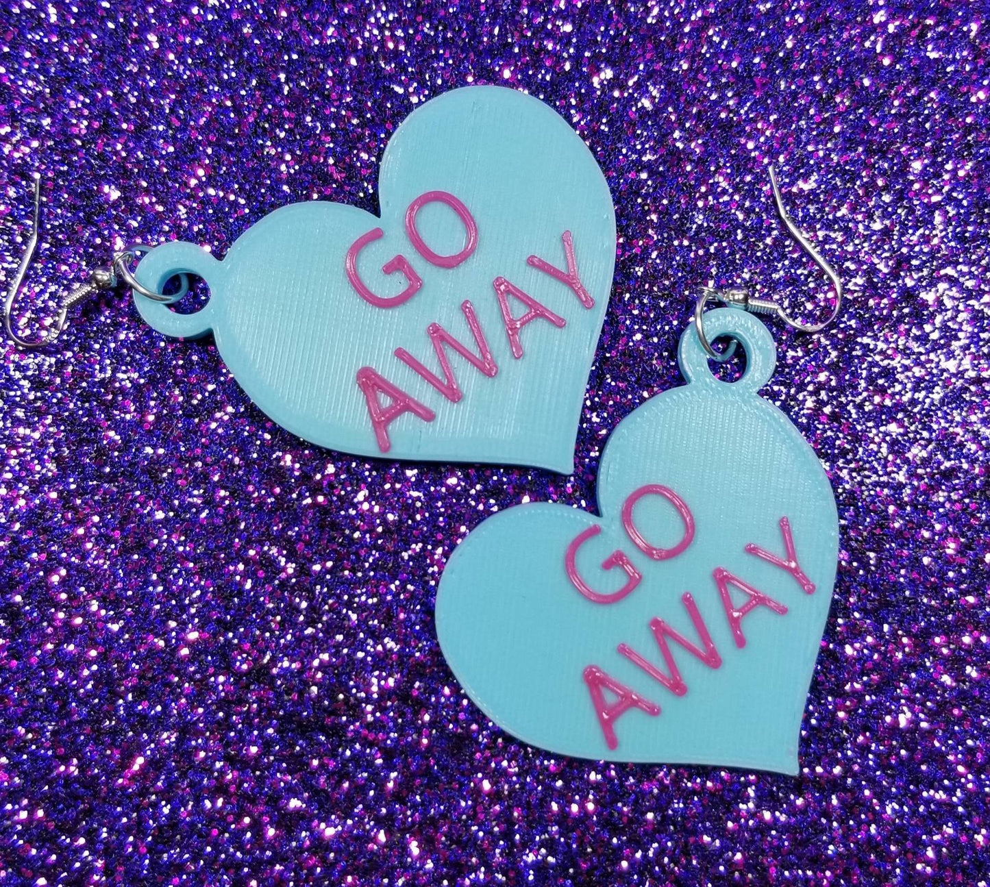 Go Away Snarky Conversation Heart Earrings 3D Printed