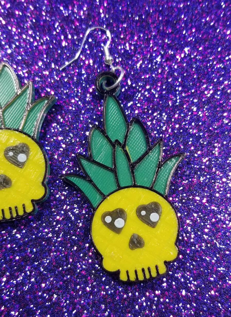 Pineapple Skull Statement Earrings 3D Printed