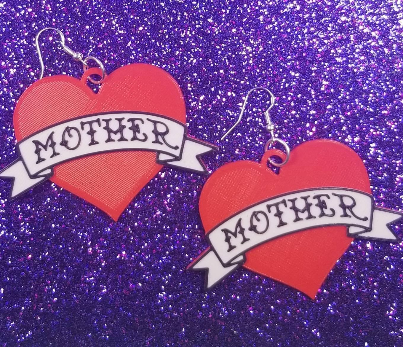 Mother Tattoo Heart Statement Earrings 3D Printed