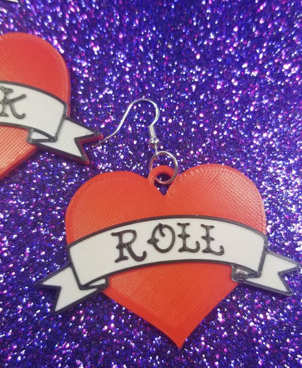 Rock and Roll Tattoo Heart Statement Earrings 3D Printed