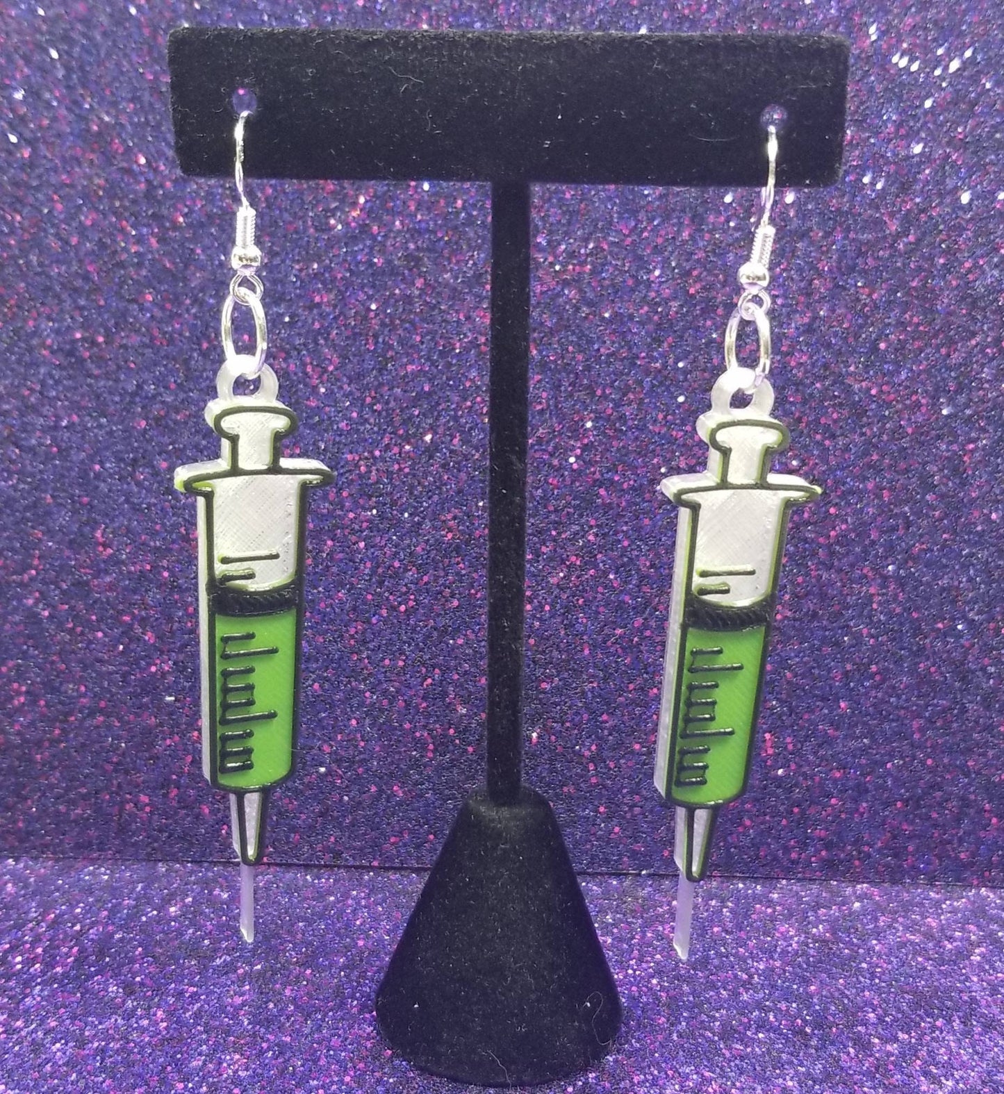 Green Syringe Horror Movie Statement Earrings 3D Printed