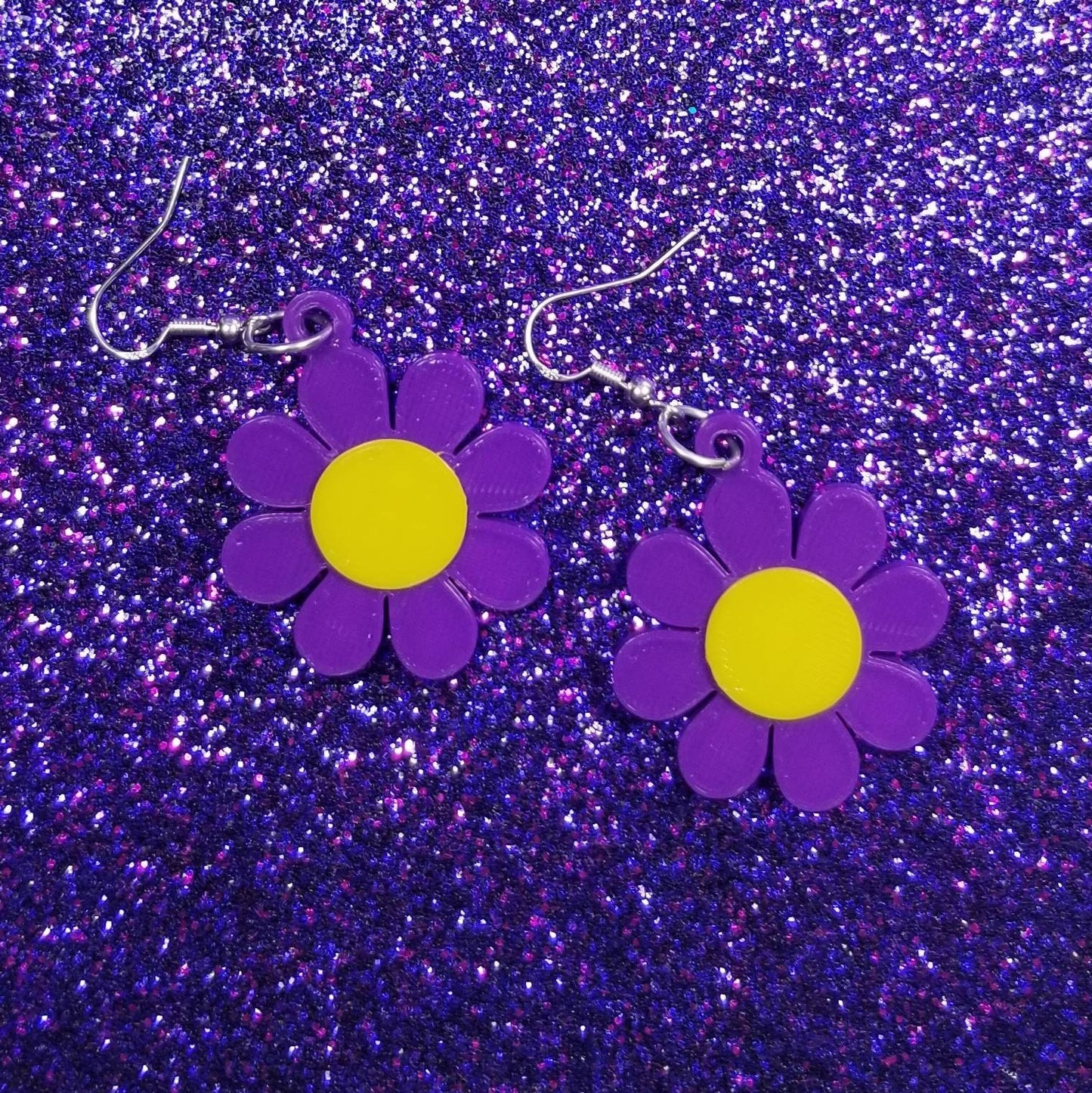 Purple and Yellow Groovy Flower Mod Retro Statement Earrings 3D Printed