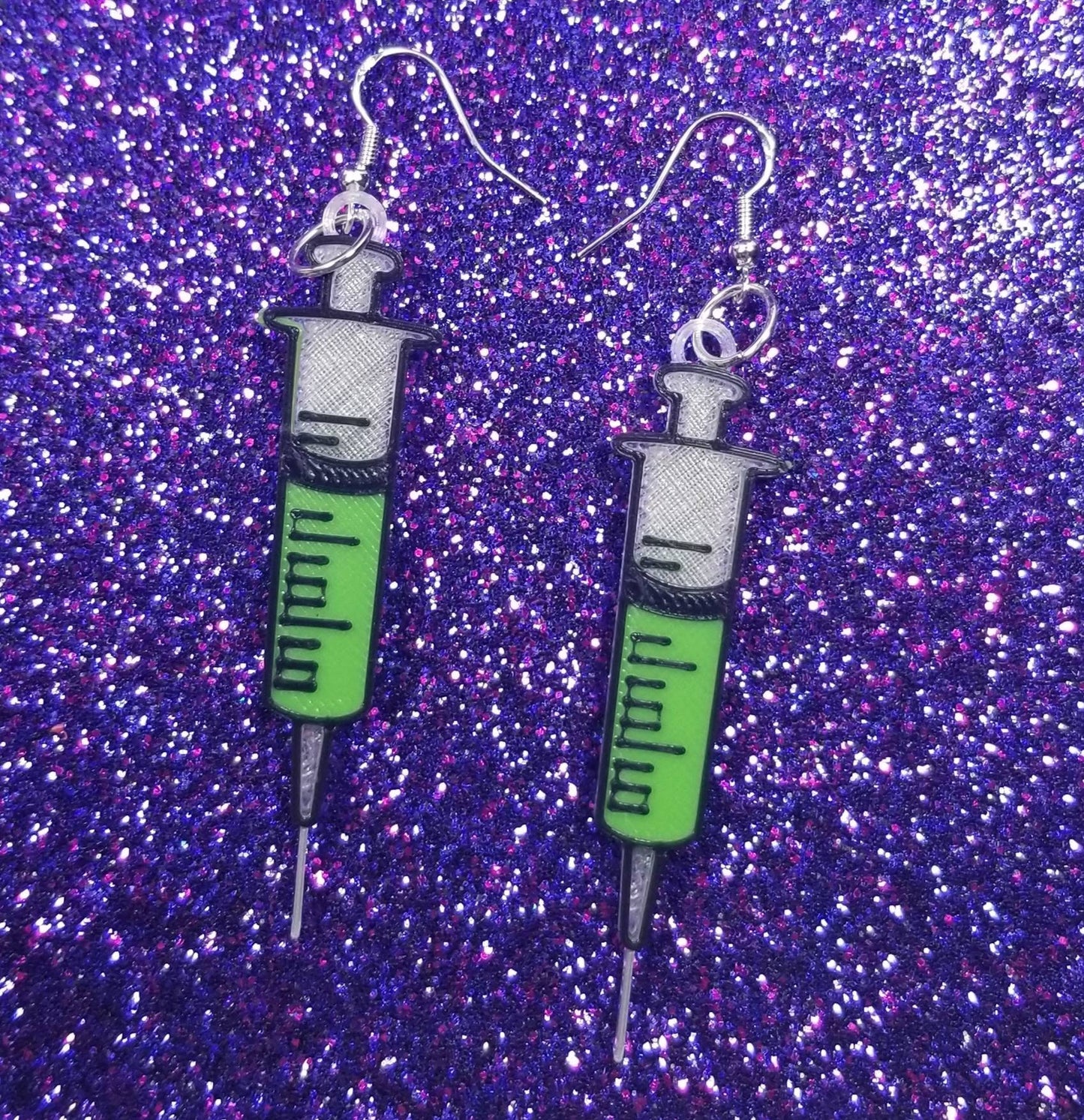 Green Syringe Horror Movie Statement Earrings 3D Printed