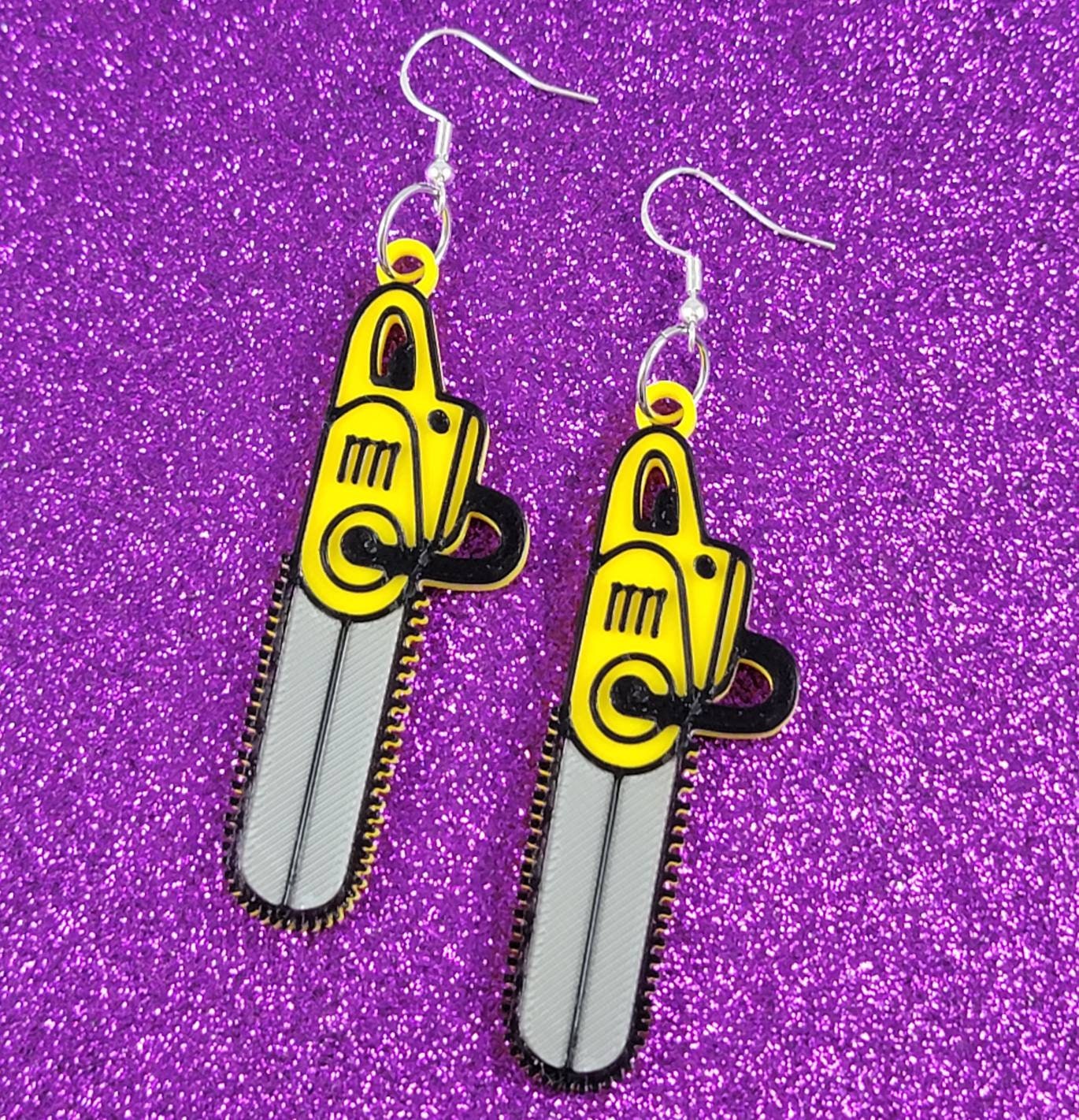 Yellow Chainsaw Statement Earrings 3D Printed