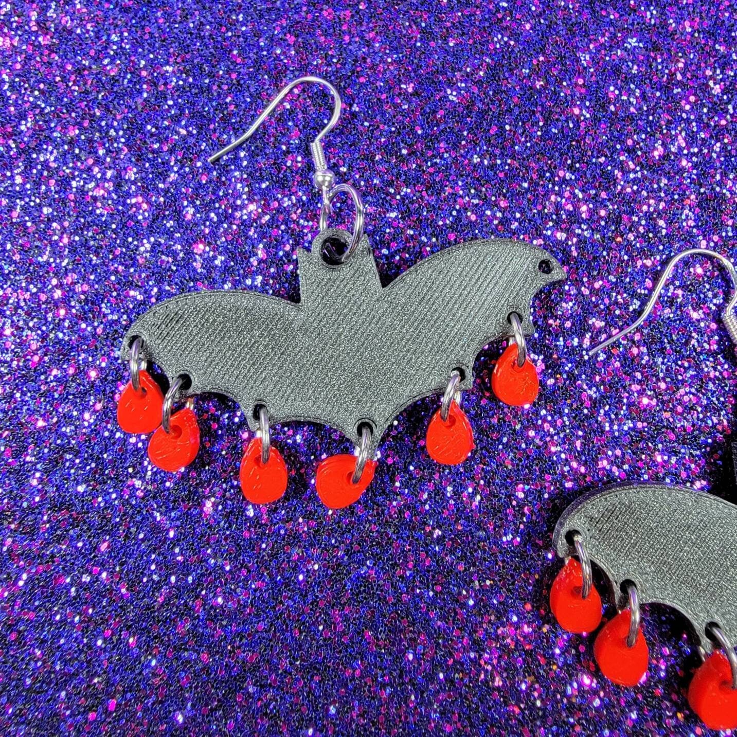 Glitter Bat Drip Statement Earrings 3D Printed