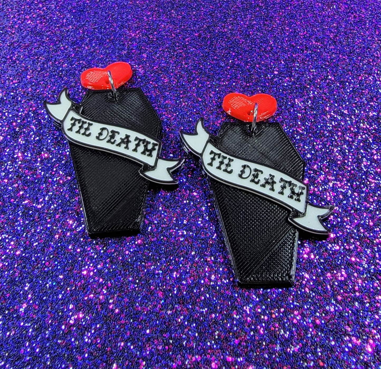 Til Death Coffin Statement Earrings 3D Printed