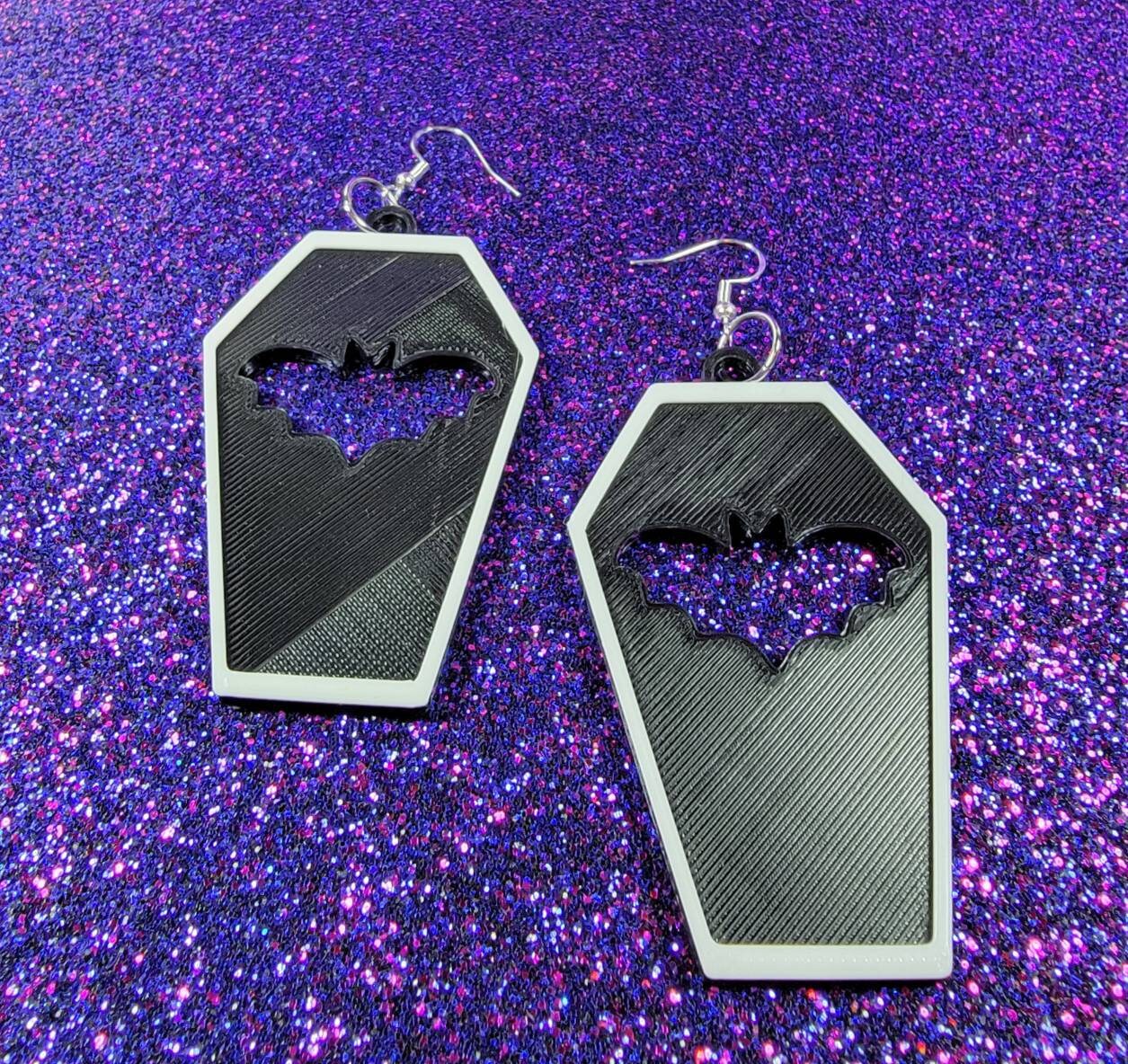 Black Coffin Bat Cutout Statement Earrings 3D Printed