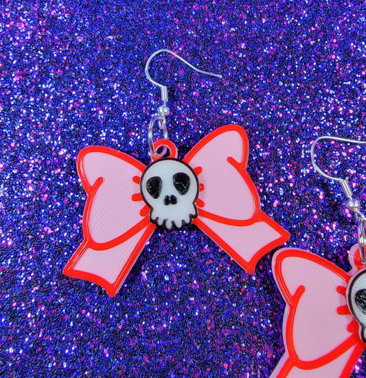Pink Skull Bow Valentines Day Earrings 3D Printed