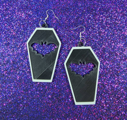 Black Coffin Bat Cutout Statement Earrings 3D Printed