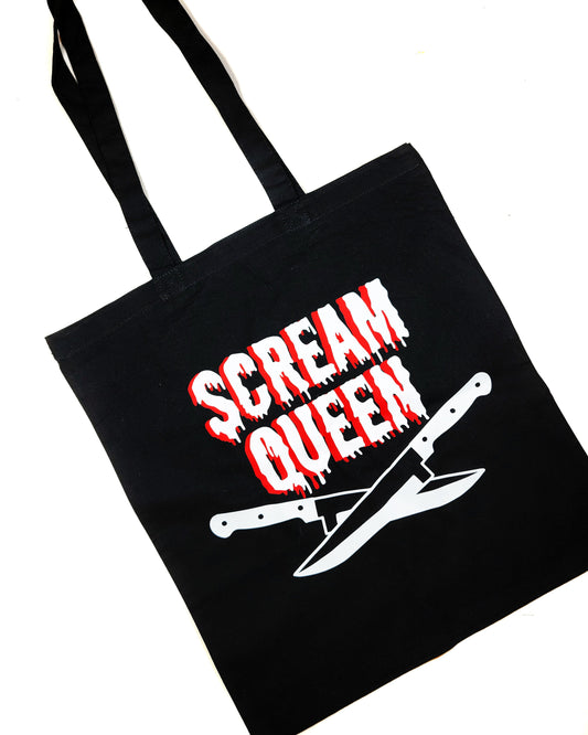 Scream Queen Tote Bag Black Cotton Reusable Shopping Bag 15"x16" Horror Goth Spooky