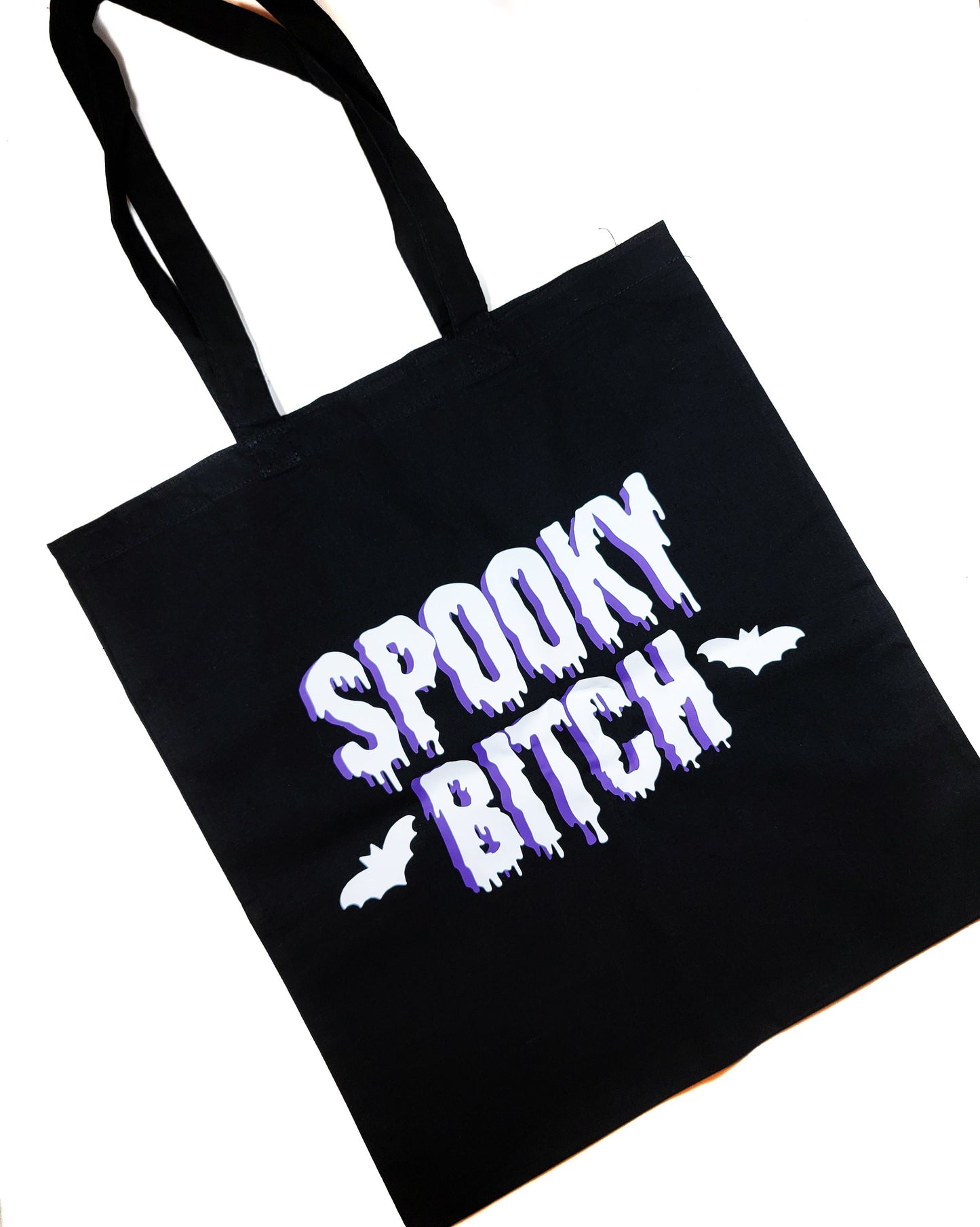 Spooky Bitch Tote Bag Black Cotton Reusable Shopping Bag 15"x16" Horror Goth