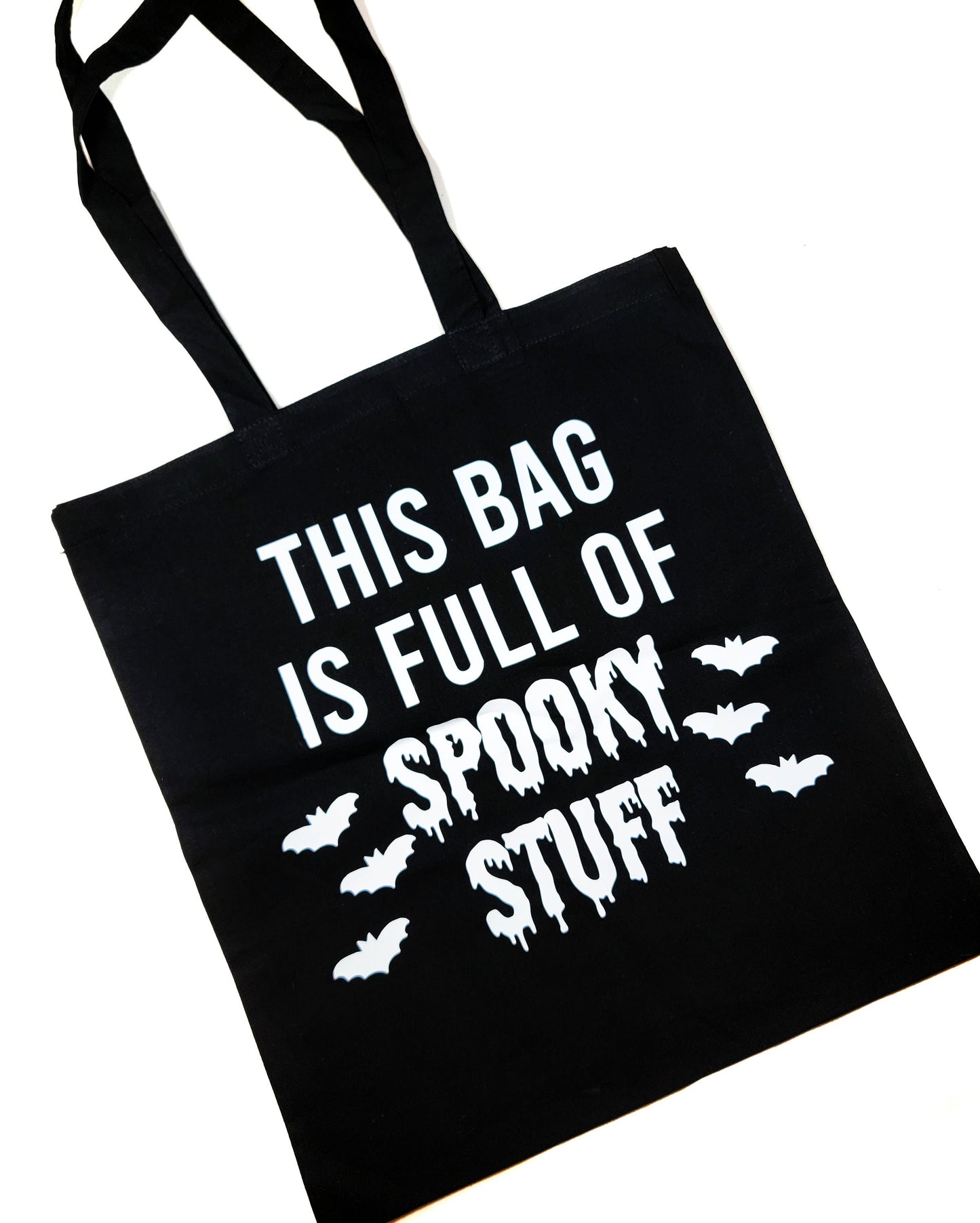 Spooky Stuff Tote Bag Black Cotton Reusable Shopping Bag 15"x16" Horror Goth