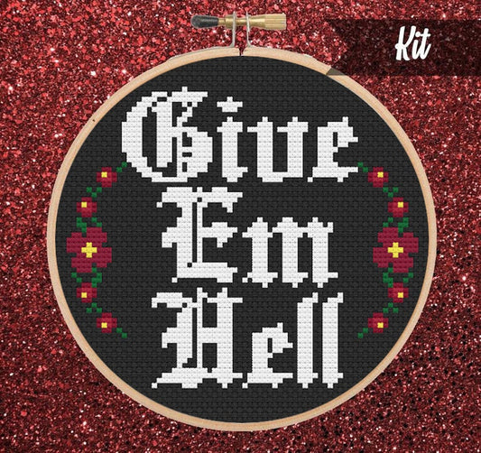 Give Em Hell Cross Stitch Kit, Emo Cross Stitch, Pop Punk Cross Stitch, Snarky Cross Stitch