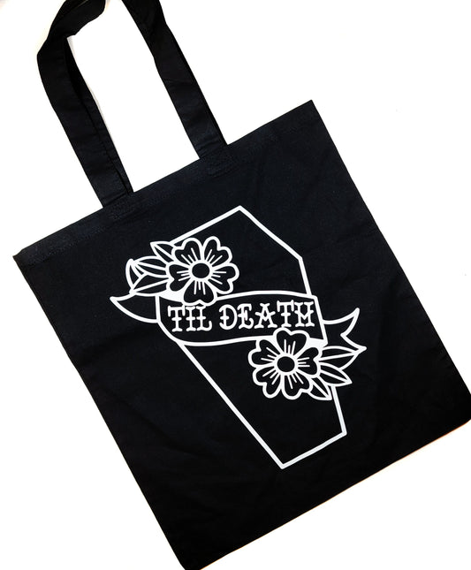 Til Death Coffin Tote Bag Black Cotton Reusable Shopping Bag 15"x16" Horror Goth Spooky