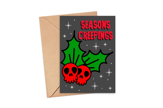 Seasons Creepings Skull Holly Spooky Christmas Greeting Card 5x7, Goth Christmas, Creepmas Card, Horror Holiday