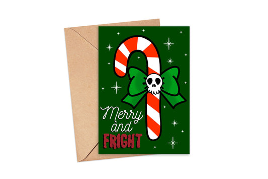 Merry and Fright Skull Candy Cane Spooky Christmas Greeting Card 5x7, Goth Christmas, Creepmas Card, Horror Holiday