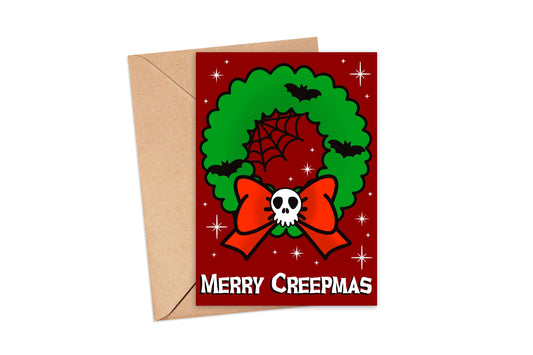 Merry Creepmas Skull Wreath Spooky Christmas Greeting Card 5x7, Goth Christmas, Creepmas Card, Horror Holiday