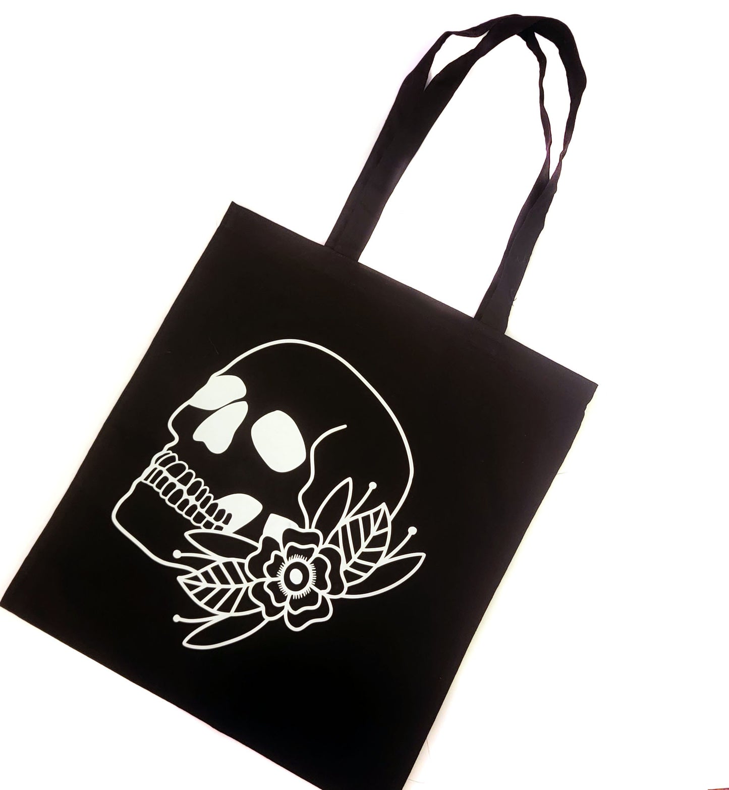 Skull Flower Tattoo Tote Bag Black Cotton Reusable Shopping Bag 15"x16" Goth Emo