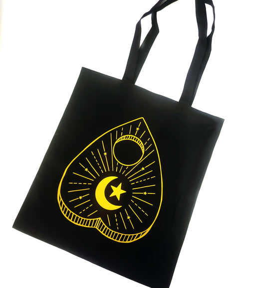 Gold Ouija Planchette Tote Bag Black Cotton Reusable Shopping Bag 15"x16" Goth Witchy