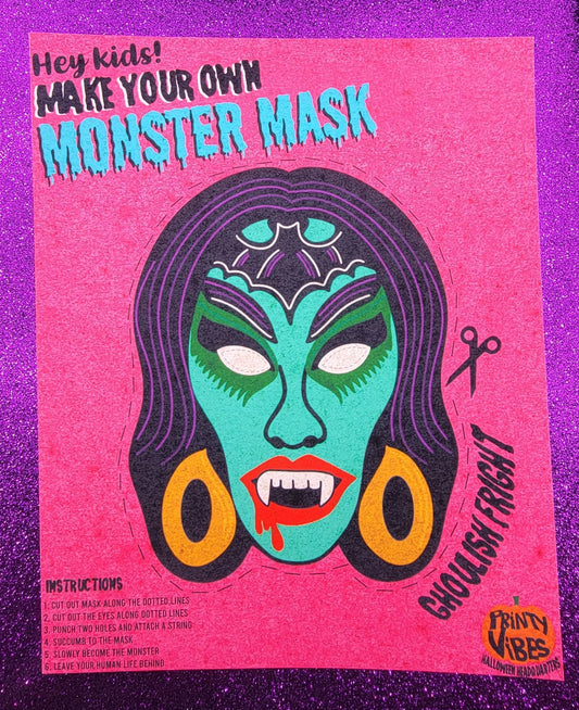 Retro Monster Mask Vampire Lady Art Print 8x10, vintage halloween, retro halloween
