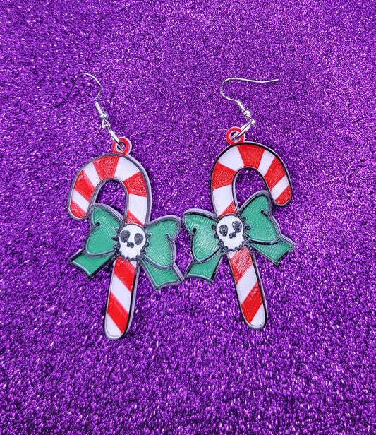 Spooky Skull Candy Cane Christmas Earrings 3D Printed Weird Earrings, Unique Earrings, Edgy Earrings, Drop Earrings, Alternative Earrings