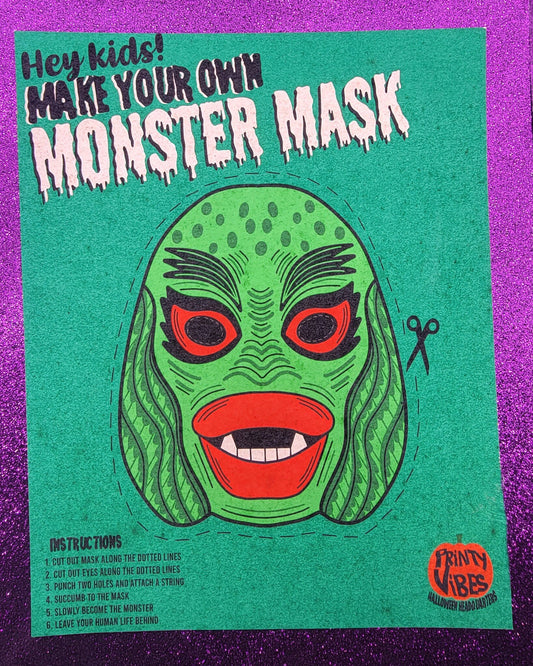 Retro Monster Mask Creature Art Print 8x10, vintage halloween, retro halloween