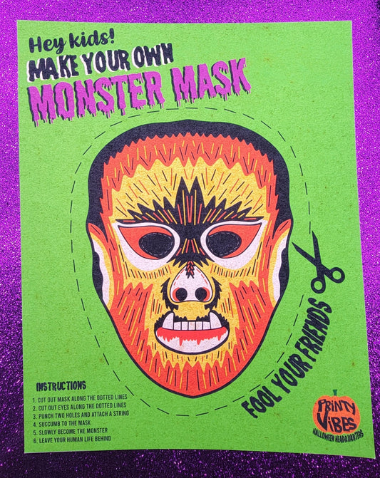 Retro Monster Mask Werewolf Art Print 8x10, vintage halloween, retro halloween