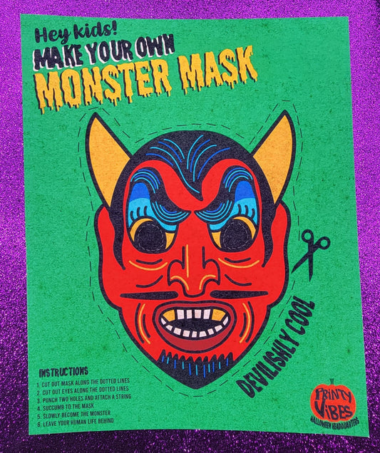 Retro Monster Mask Devil Art Print 8x10, vintage halloween, retro halloween