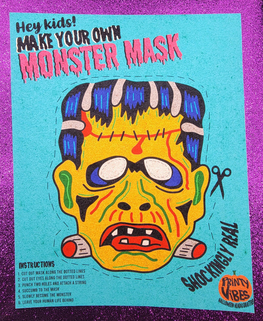 Retro Monster Mask Frankenstein Art Print 8x10, vintage halloween, retro halloween